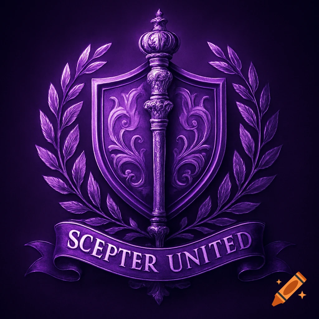 A purple crest featuring an ornate scepter on a shield, surrounded by a laurel wreath. A banner at the bottom reads 'SCEPTER UNITED'.