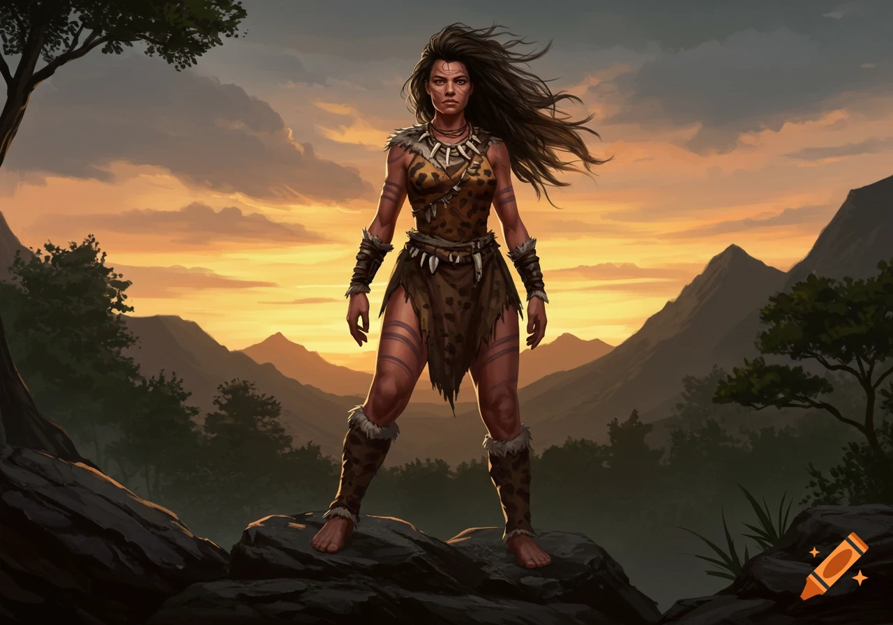 A powerful cavewoman in tribal attire stands on rocks, mountains and a sunset behind her. Digital painting.
