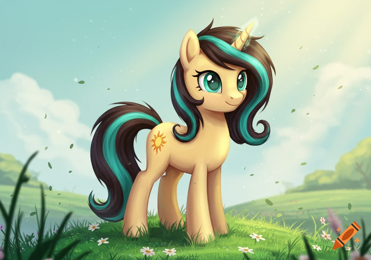 A beige unicorn with turquoise eyes, brown hair with turquoise streaks, and a sun cutie mark stands in a grassy field.