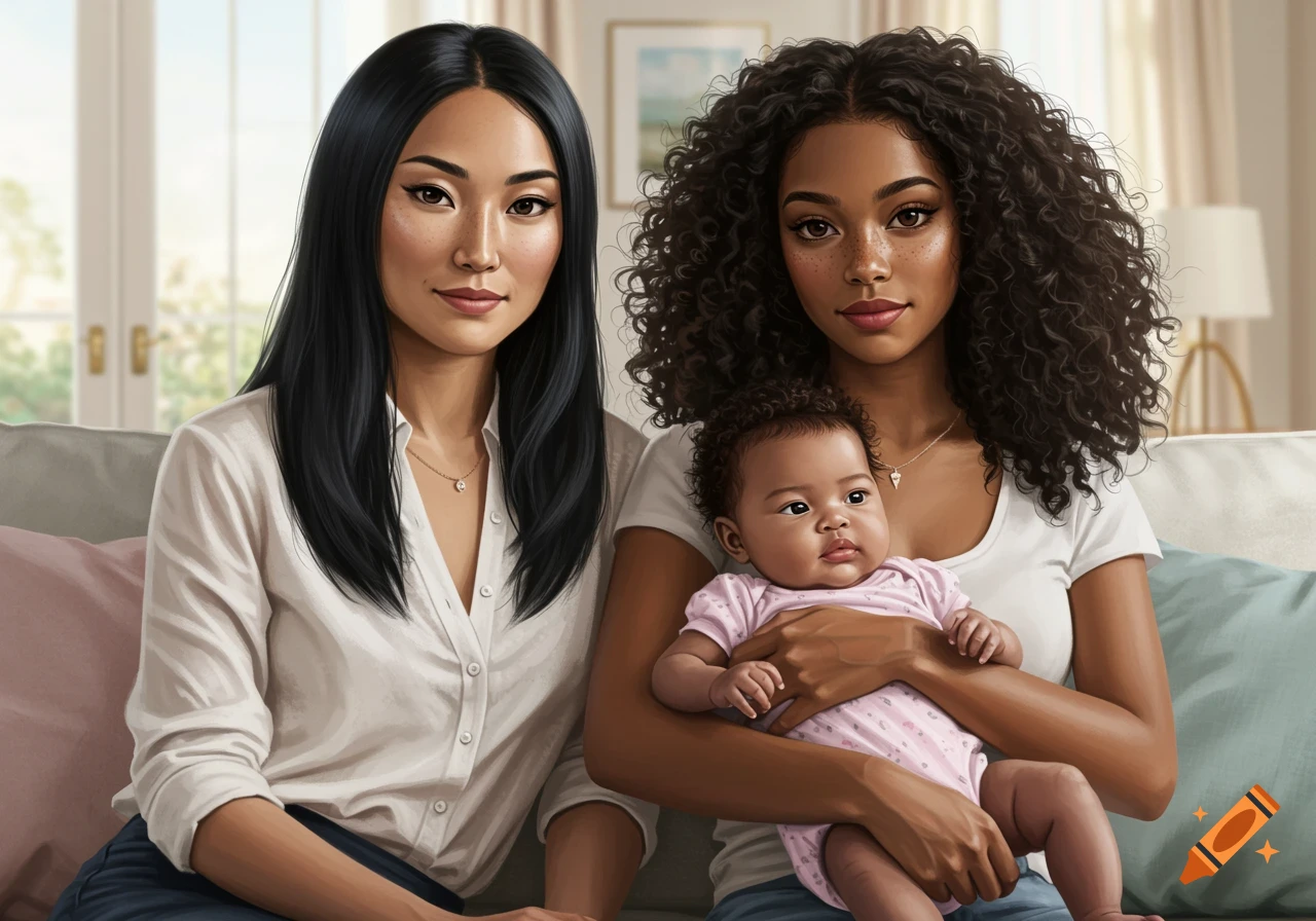 Photorealistic portrait of two women and a baby sitting on a sofa.