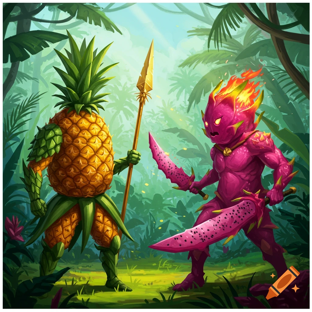 A cartoon-style illustration of a pineapple warrior with a spear facing a dragon fruit warrior with swords in a jungle.