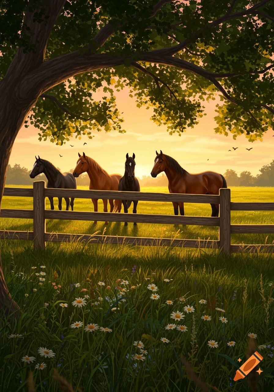 Four horses stand behind a wooden fence in a grassy field at sunset, framed by a tree, in a digital art style.