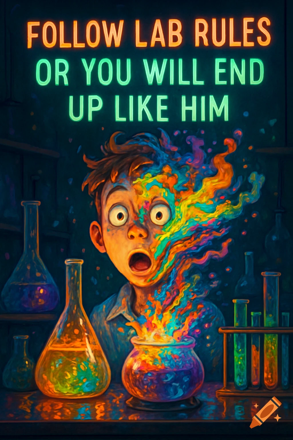 Colorful cartoon of a boy in a lab with his face melting, glowing potions, and text 'FOLLOW LAB RULES OR YOU WILL END UP LIKE HIM'.