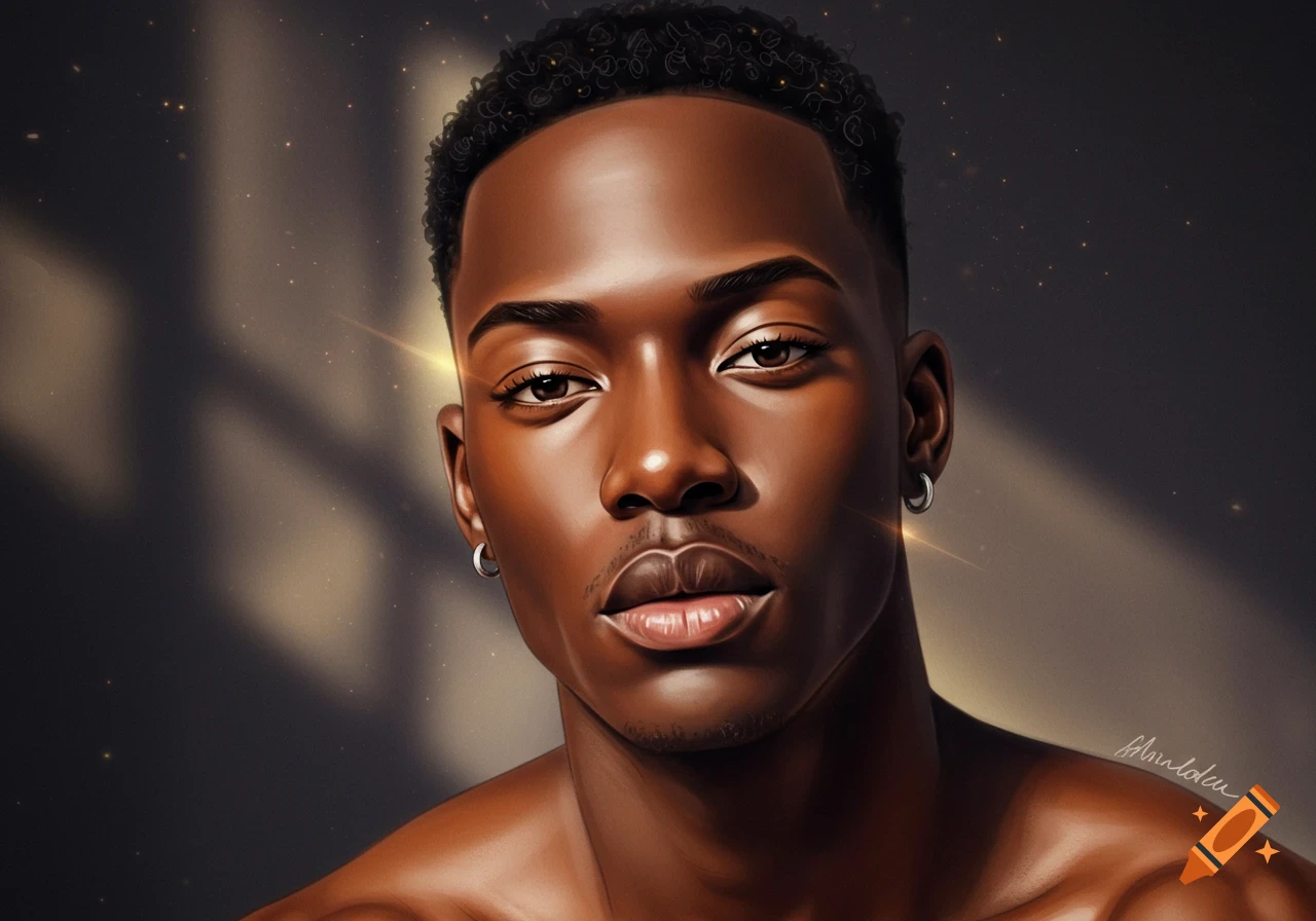 Stylized digital portrait of a dark-skinned man with short curly hair and hoop earrings, bare-chested with golden light streaks.