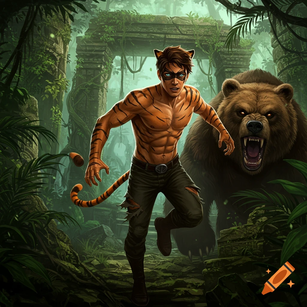 A muscular, shirtless male superhero with tiger stripes, ears, and tail, wearing ripped pants and an eye mask, runs through ancient jungle ruins, pursued by a ferocious, roaring bear in an illustration style.