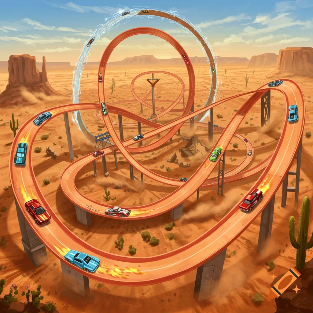 Vibrant illustration of a Hot Wheels-style racing track with toy cars speeding through a desert landscape.