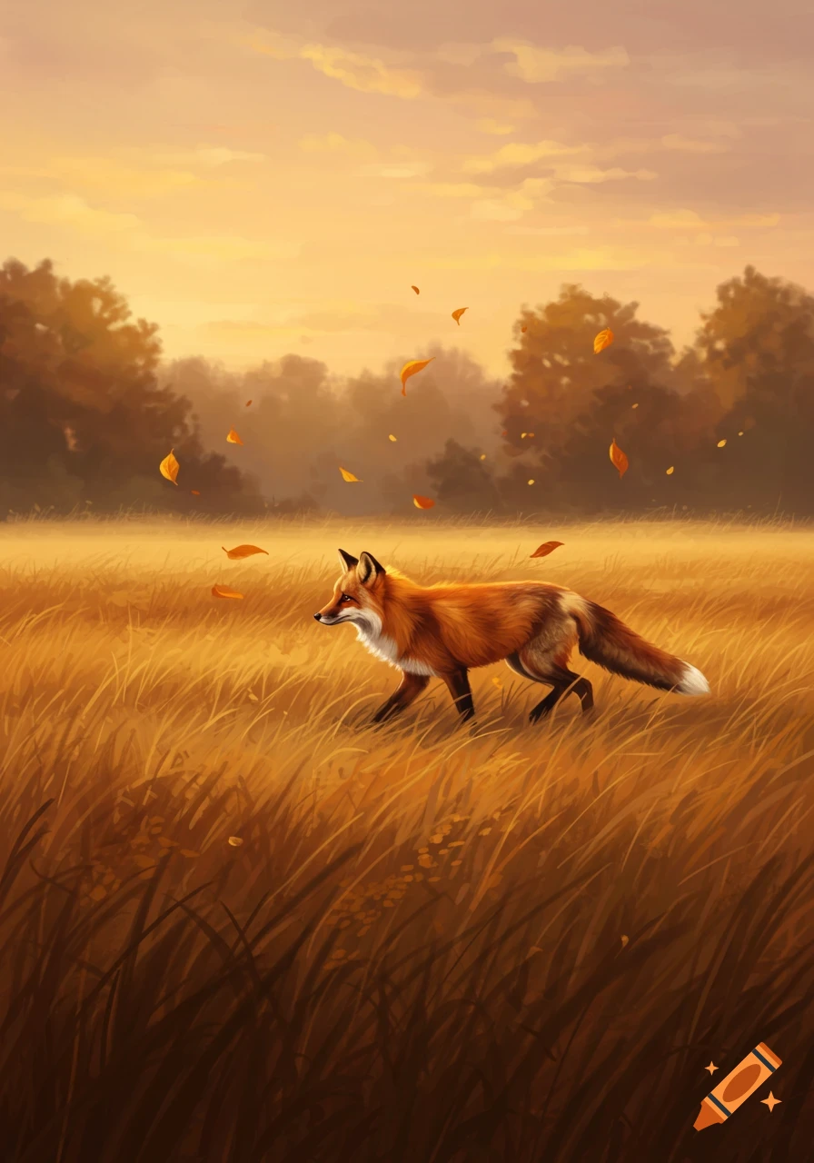 An illustration of a red fox walking through a golden field with falling autumn leaves under an orange sky.