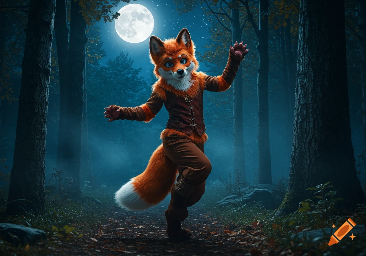 An anthropomorphic fox furry in a brown vest and pants poses in a dark, misty forest under a bright full moon.