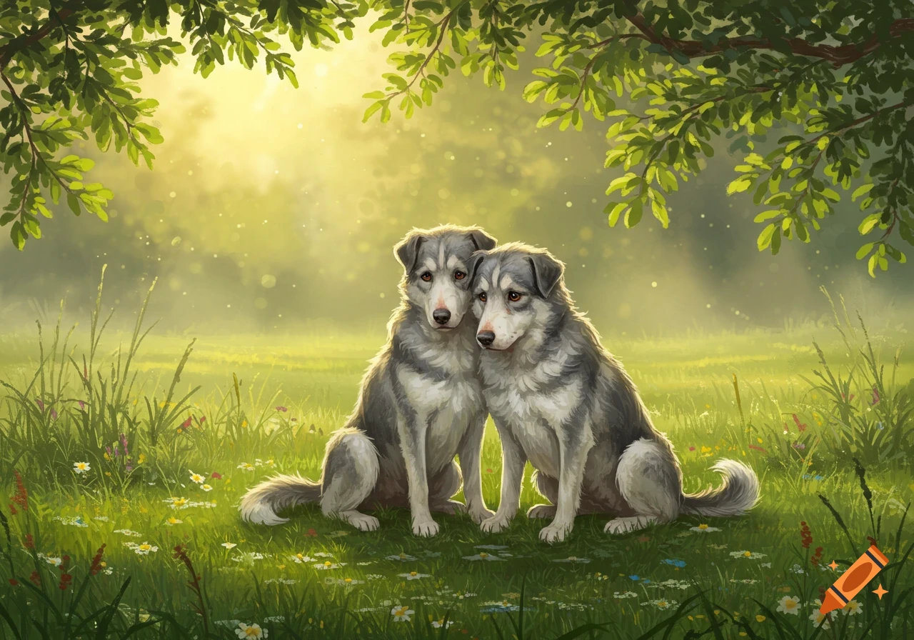 Two grey and white dogs sit closely in a sunny, green field under trees in a painterly style.