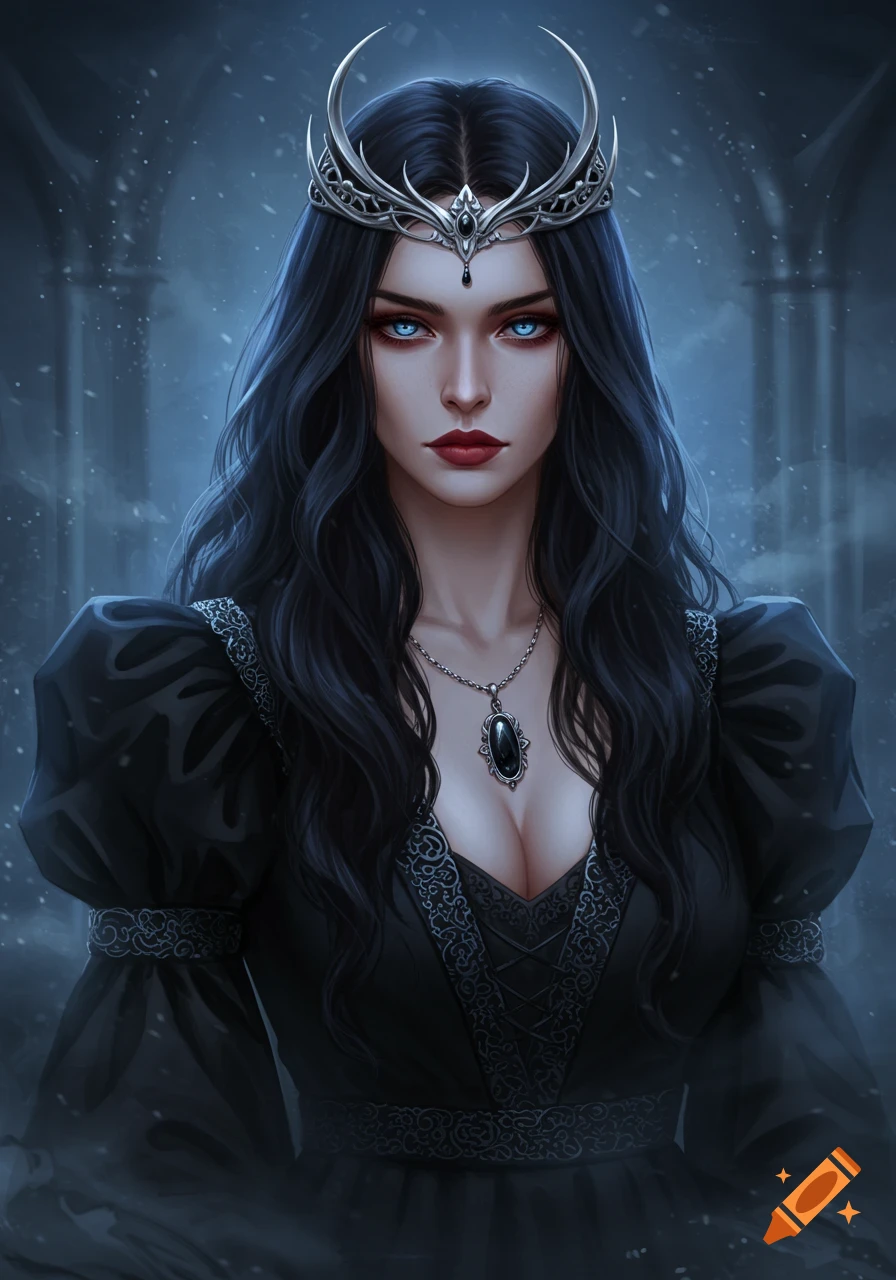 A striking dark-haired fantasy queen with blue eyes and a silver crescent crown wears an elaborate black gown.