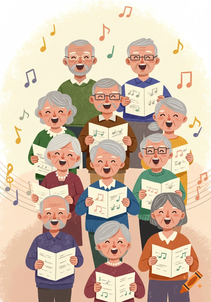 A colorful clip art illustration of a diverse group of smiling senior men and women singing together in a chorus, holding songbooks, with musical notes floating around them.