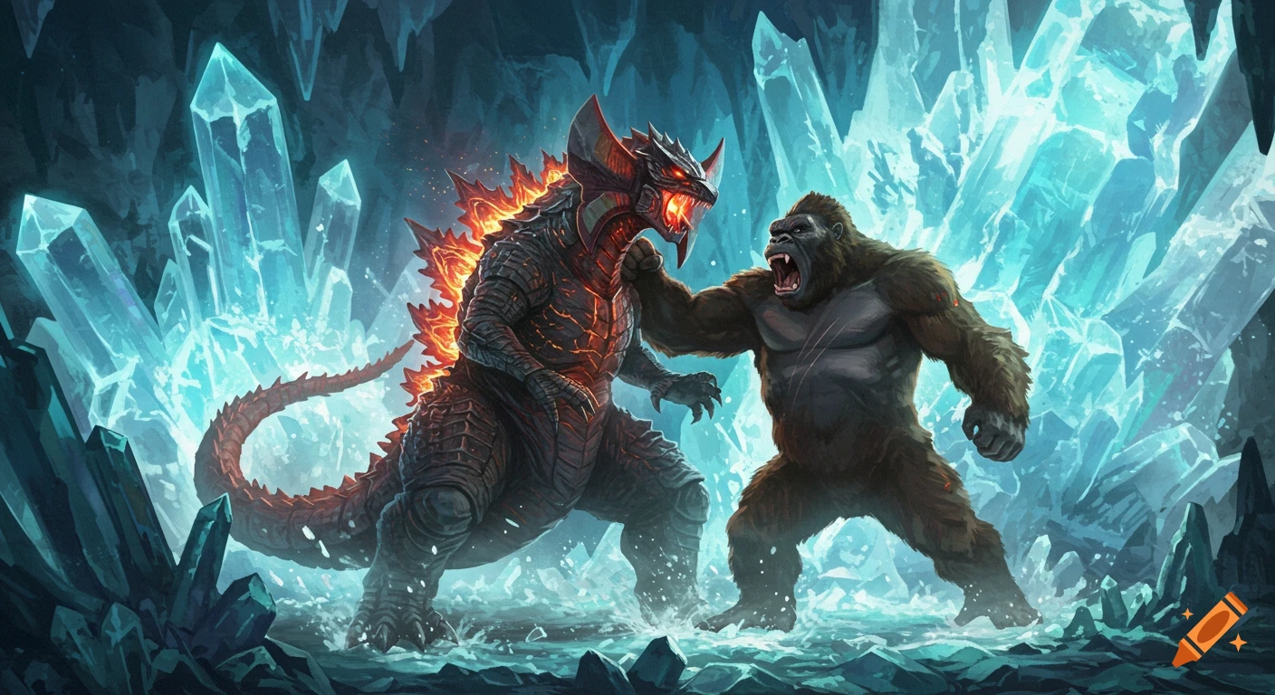 An epic fantasy illustration of a fire-spined monster battling King Kong amidst glowing blue crystals in a cave with splashing water.