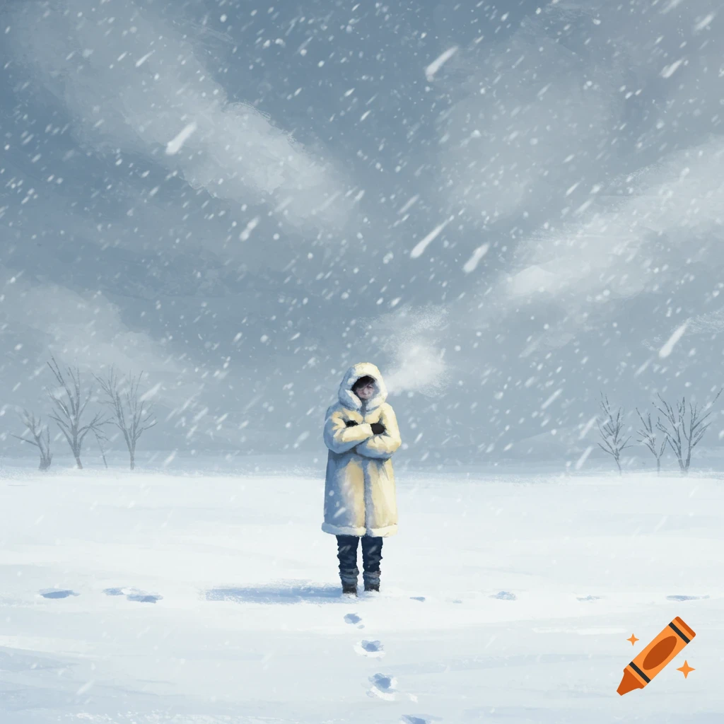 An illustration of a person in a white winter coat standing in a vast snowy field with falling snow and bare trees.
