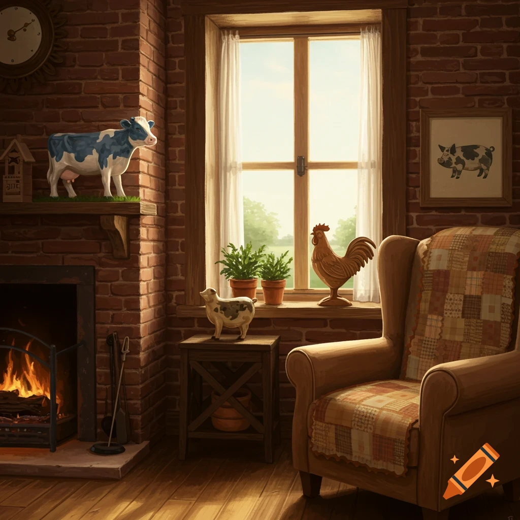 A rustic farmhouse living room with brick walls, a fireplace, and a large window. Animal figurines like a cow, pig, and rooster decorate the space, along with a cozy armchair.