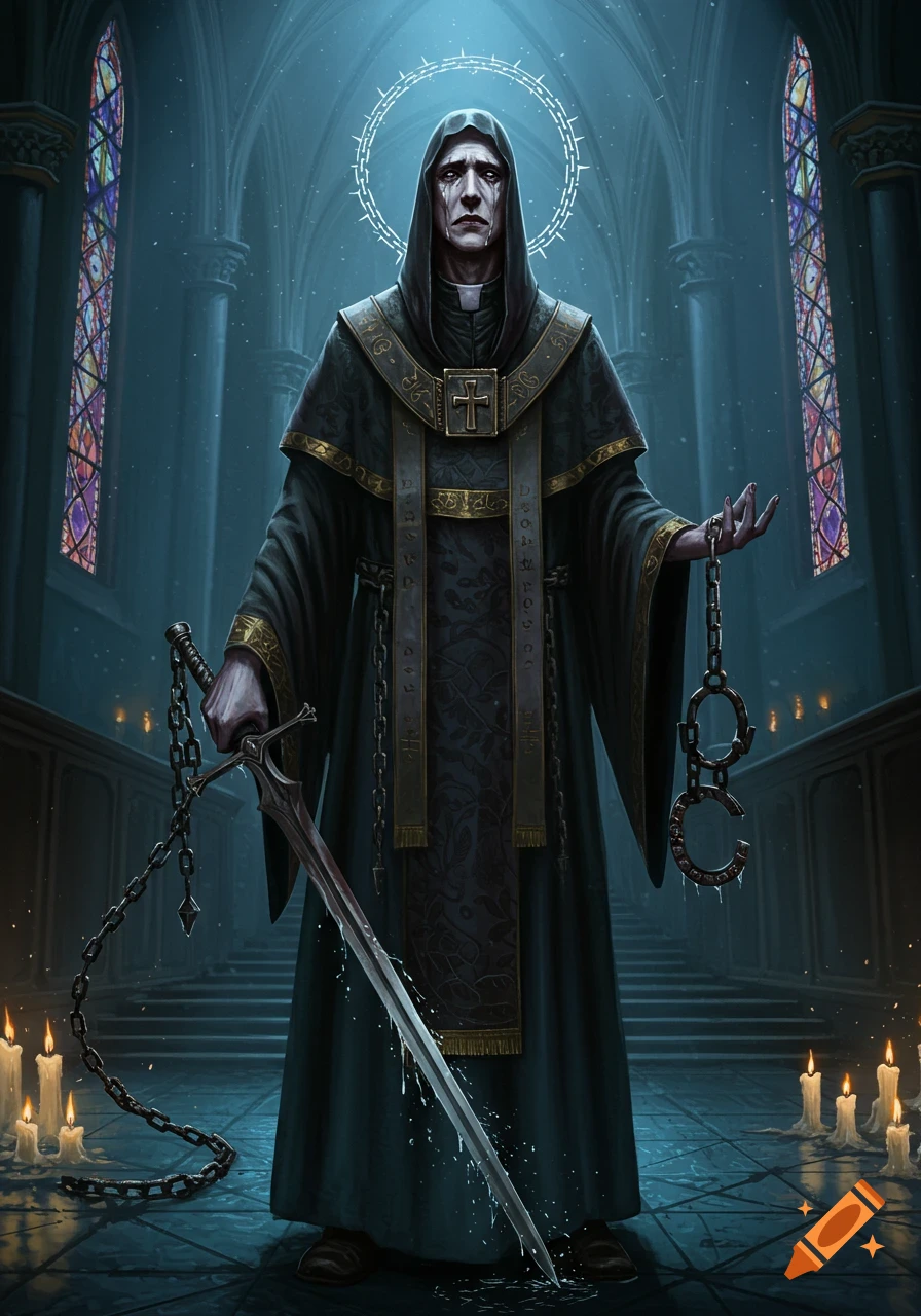 A pale man in dark clerical vestments stands in a gothic church, holding a chain-bound sword and relic manacles. Tears stream from his eyes.