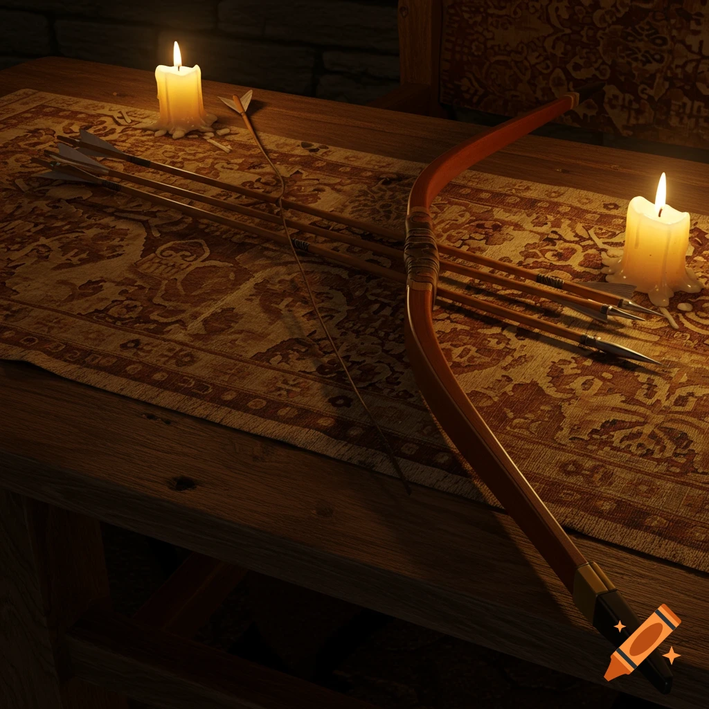 A longbow and several arrows resting on a patterned cloth on a wooden table, illuminated by two glowing candles.
