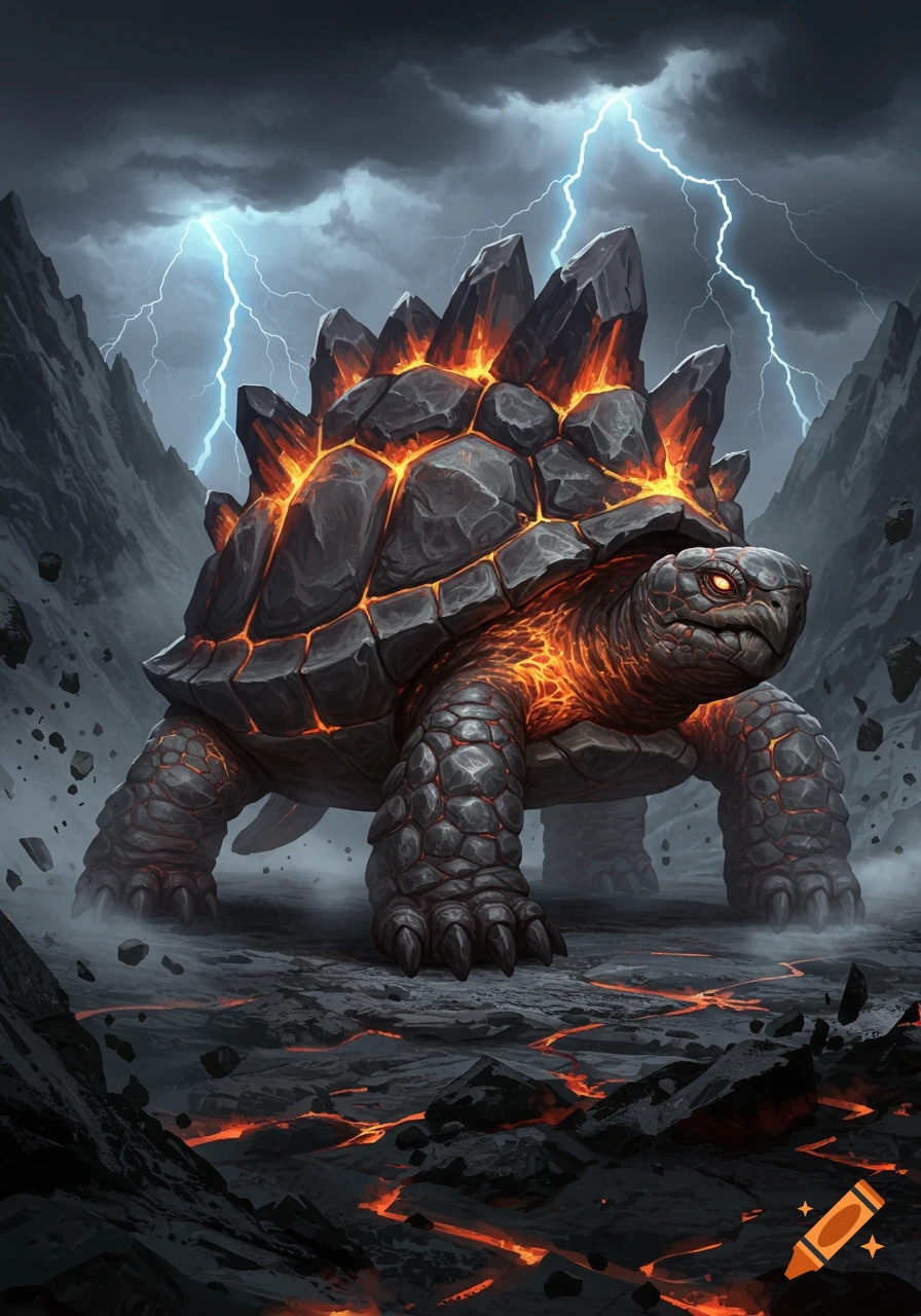 A giant ore turtle with a rocky, glowing lava shell and red eyes stands in a stormy volcanic landscape with lightning. Digital art.