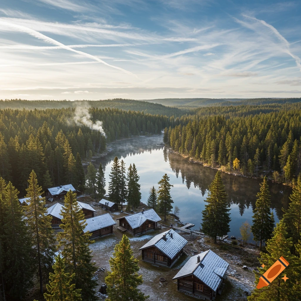 Aerial view of snow-dusted cabins beside a misty lake in a dense pine forest under a blue sky with contrails.