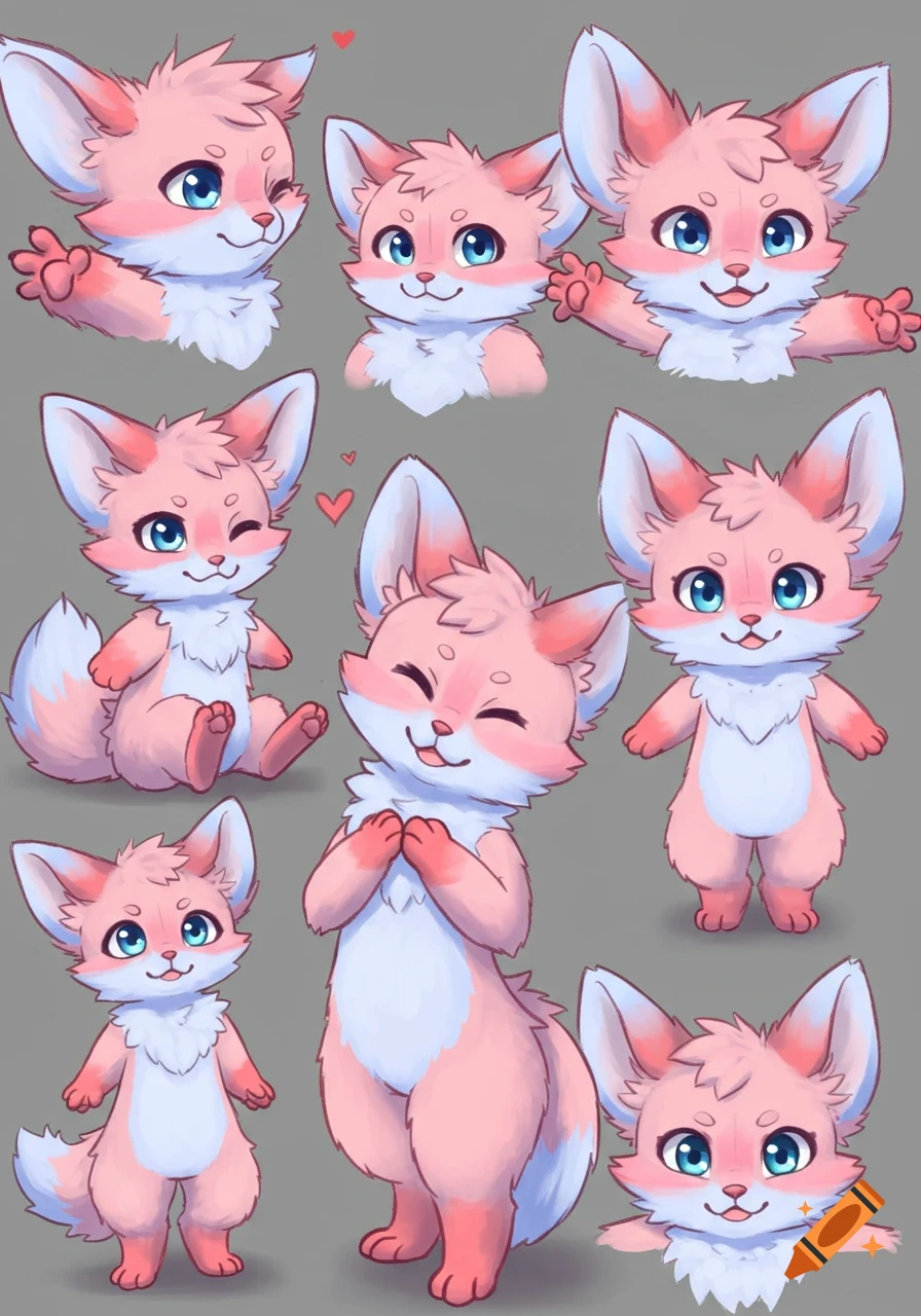 A grid of cute pink and white anthropomorphic fox characters in various poses and expressions, with big blue eyes.