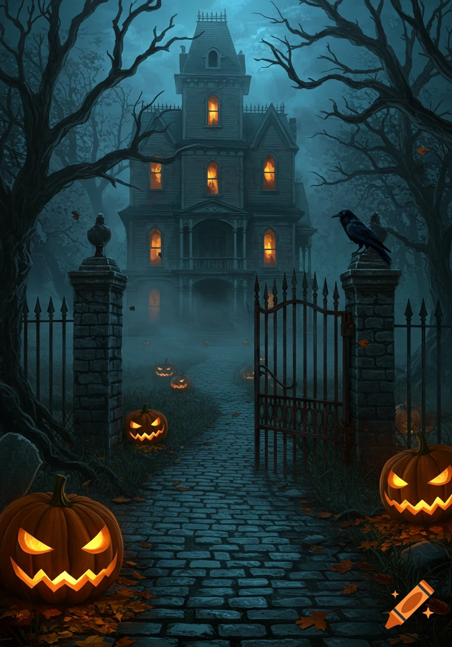 A dark, eerie Victorian haunted mansion with glowing windows, surrounded by bare trees, a misty path lined with jack-o'-lanterns, and a crow on a gate.
