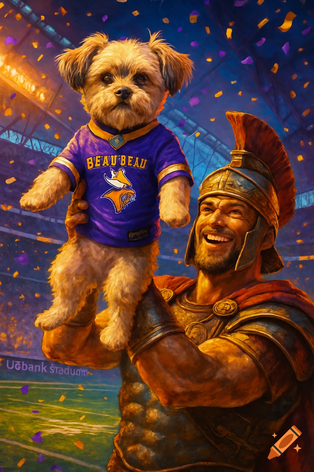 A gladiator in armor holds up a shorkie dog wearing a purple 'BEAU BEAU' Vikings jersey in a bustling stadium with confetti.