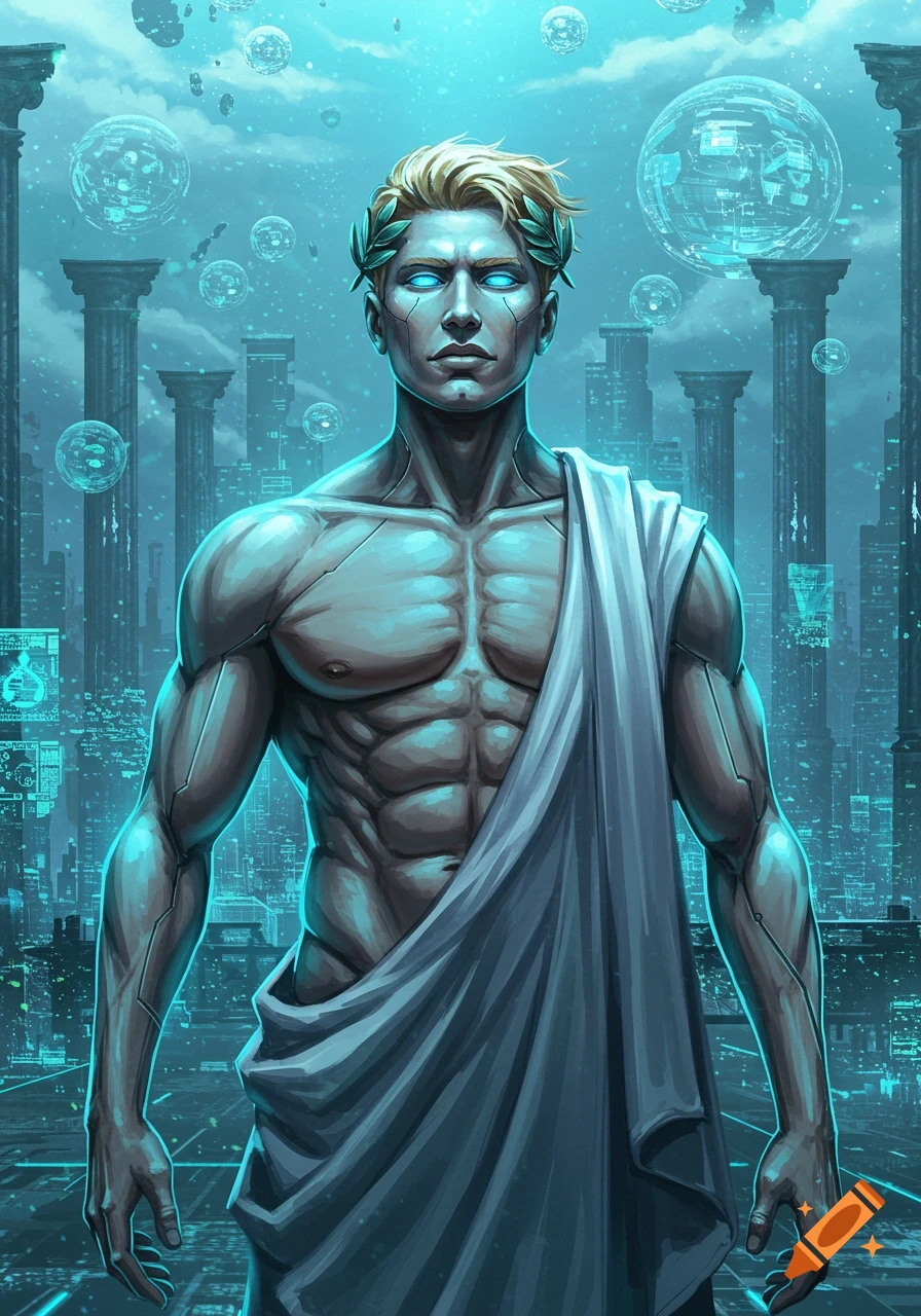 Futuristic Roman emperor with a muscular, cybernetic torso, glowing blue eyes, and a laurel wreath against a neon blue cityscape.