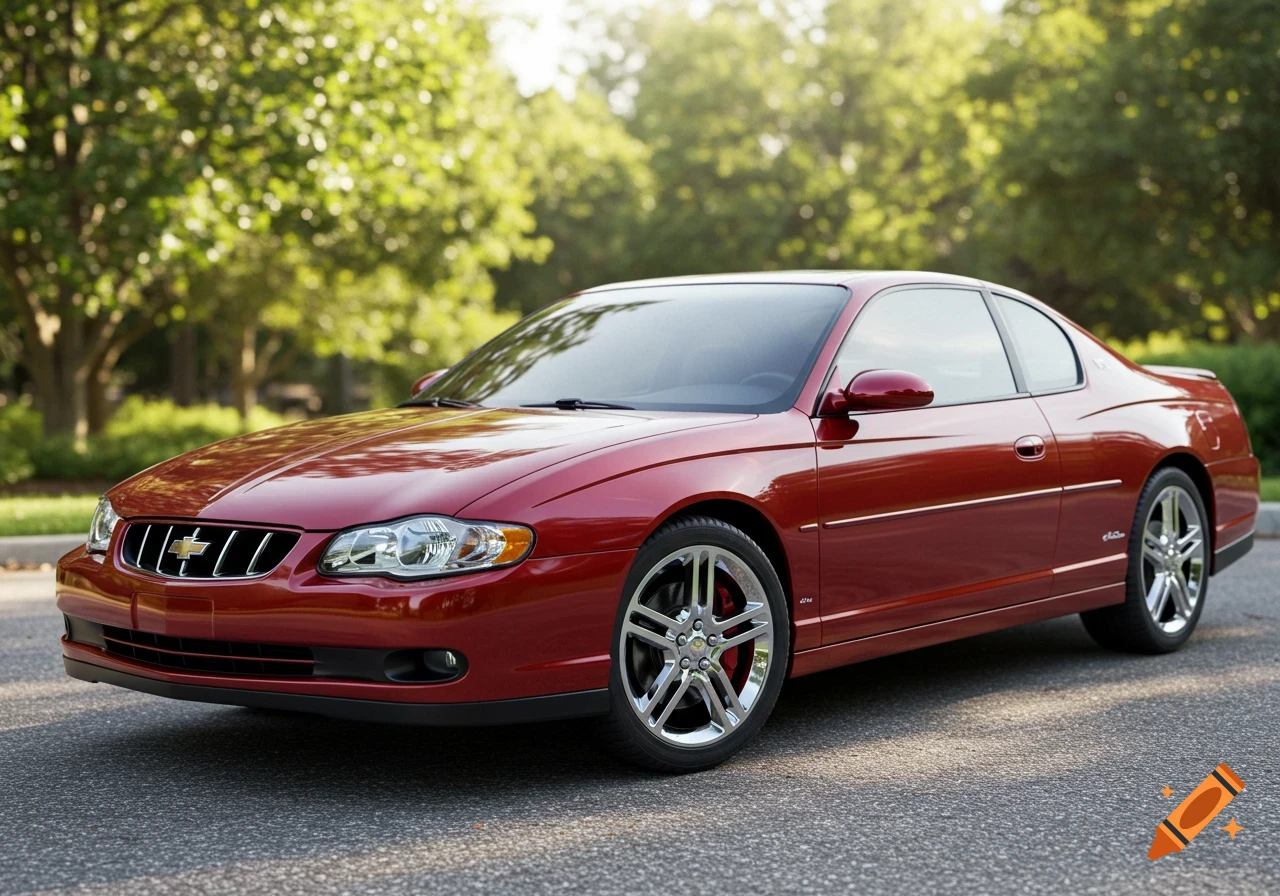 A shiny red Chevrolet Monte Carlo coupe is parked on asphalt with blurred green trees in the background on a sunny day.