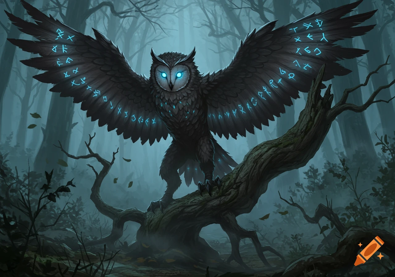 A mystical black owl with glowing blue eyes and glowing blue runes on its wings and chest, perched on a tree branch in a dark, misty forest.