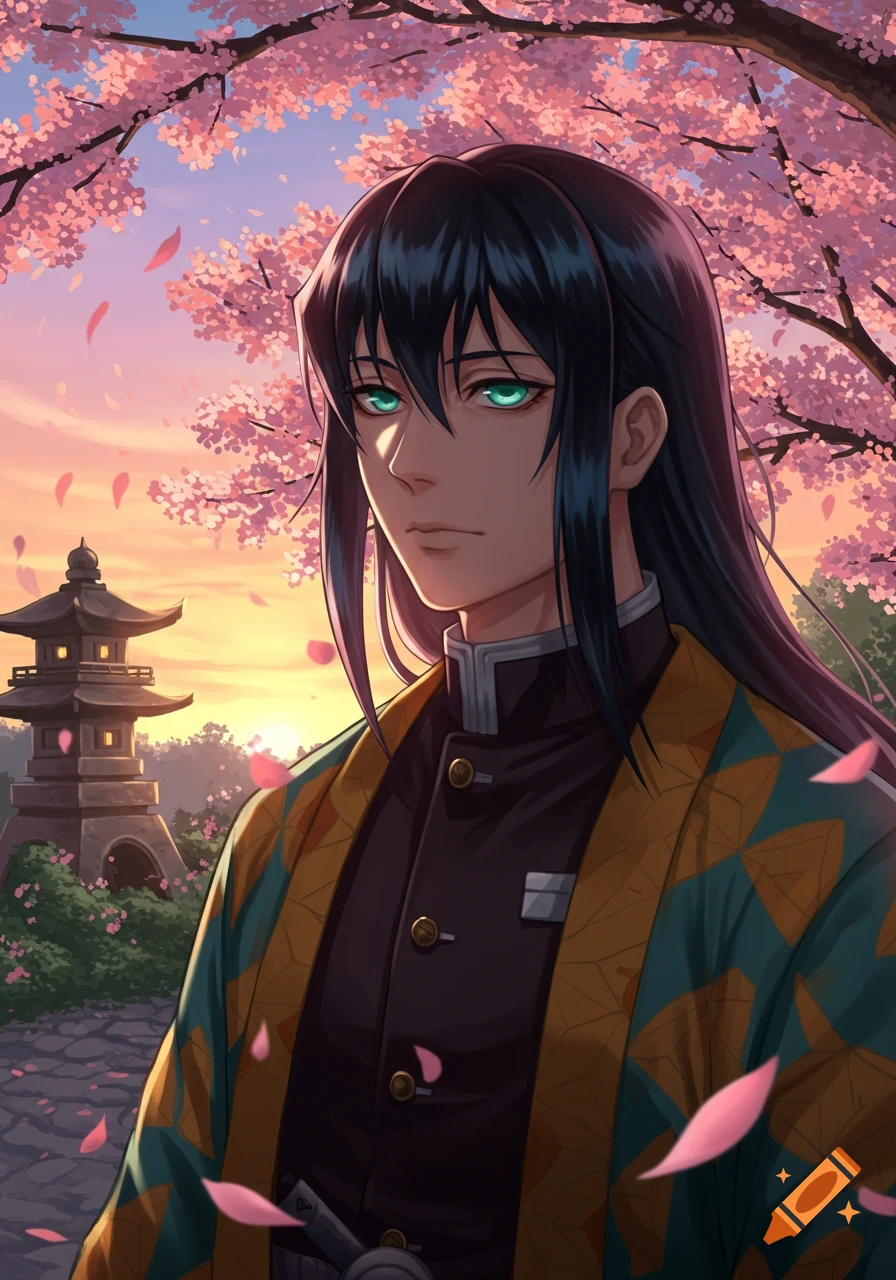 An anime man with long dark hair and teal eyes, wearing a patterned kimono, stands in a cherry blossom garden with a Japanese pagoda at sunset.