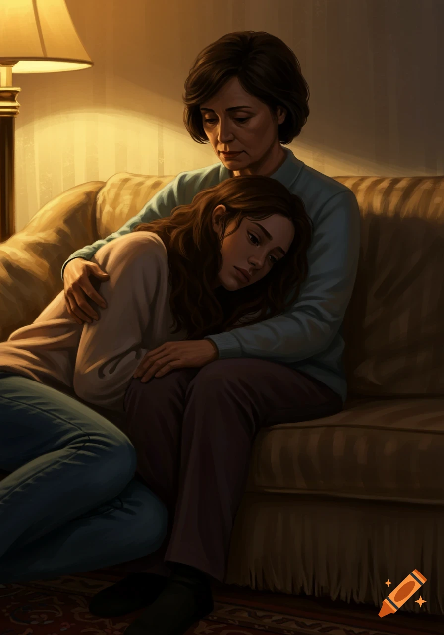 An illustration of a mother comforting her daughter, who rests her head in her mother's lap on a couch in a dimly lit room.