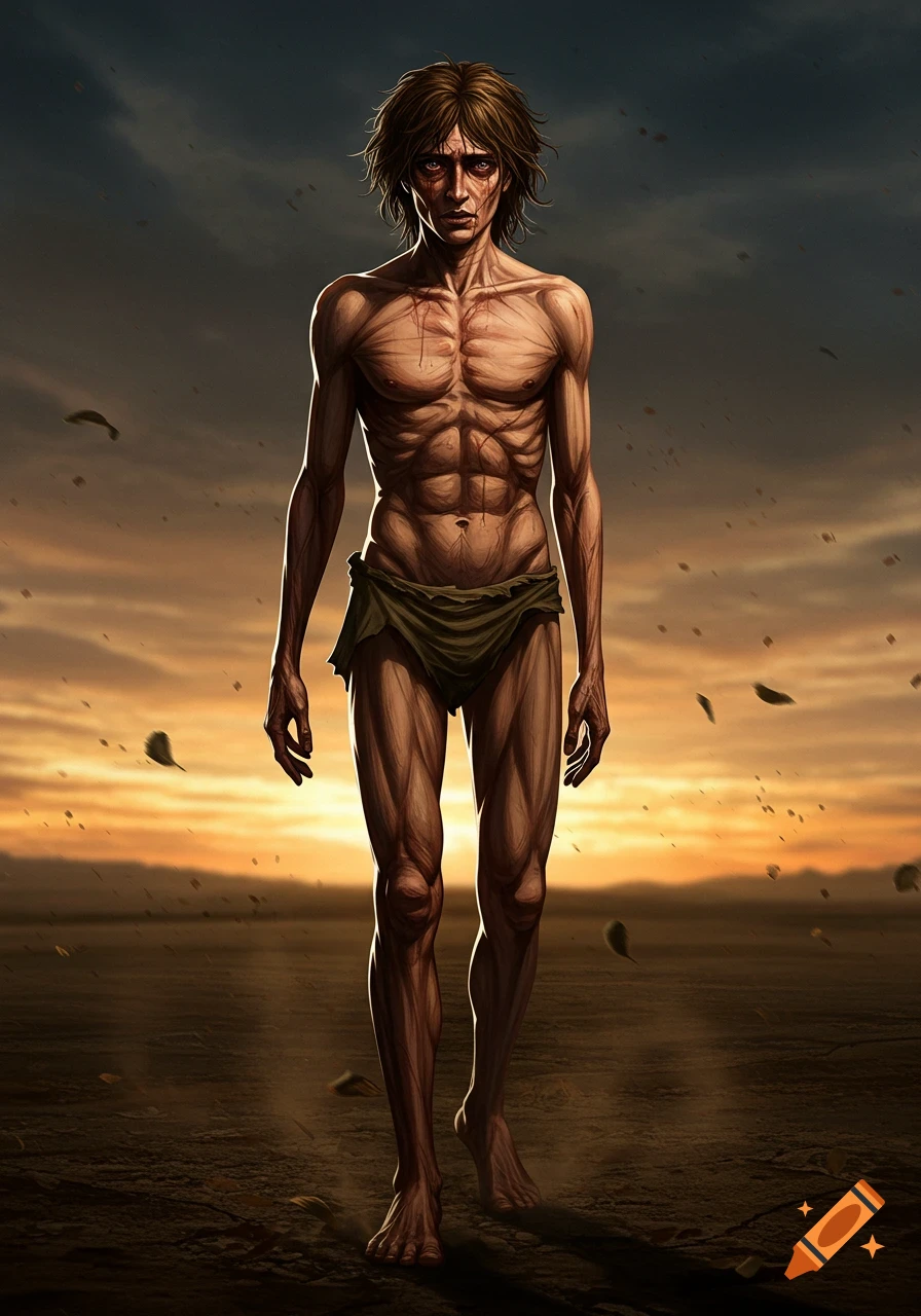 A gaunt, starved man with short brown hair and a weary expression, wearing a loincloth, stands in a desolate landscape at sunset.