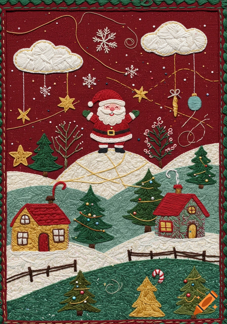 Embroidered Christmas scene with Santa on a snowy hill, surrounded by pine trees, houses, snowflakes, and clouds on a red fabric background.
