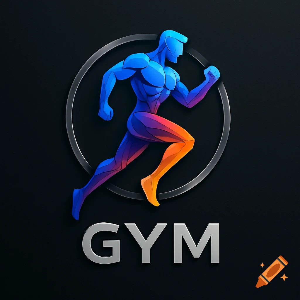 A stylized, colorful human figure running inside a circular frame with the word 'GYM' below it, on a dark background. Logo design.