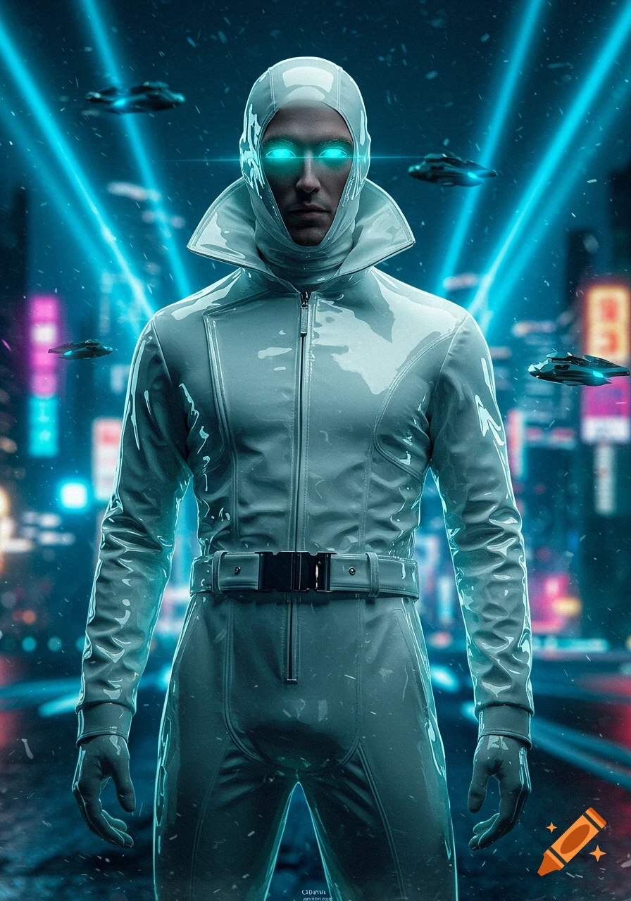 A man in a shiny white vinyl futuristic suit with glowing blue eyes stands in a cyberpunk city with neon lights and flying vehicles.