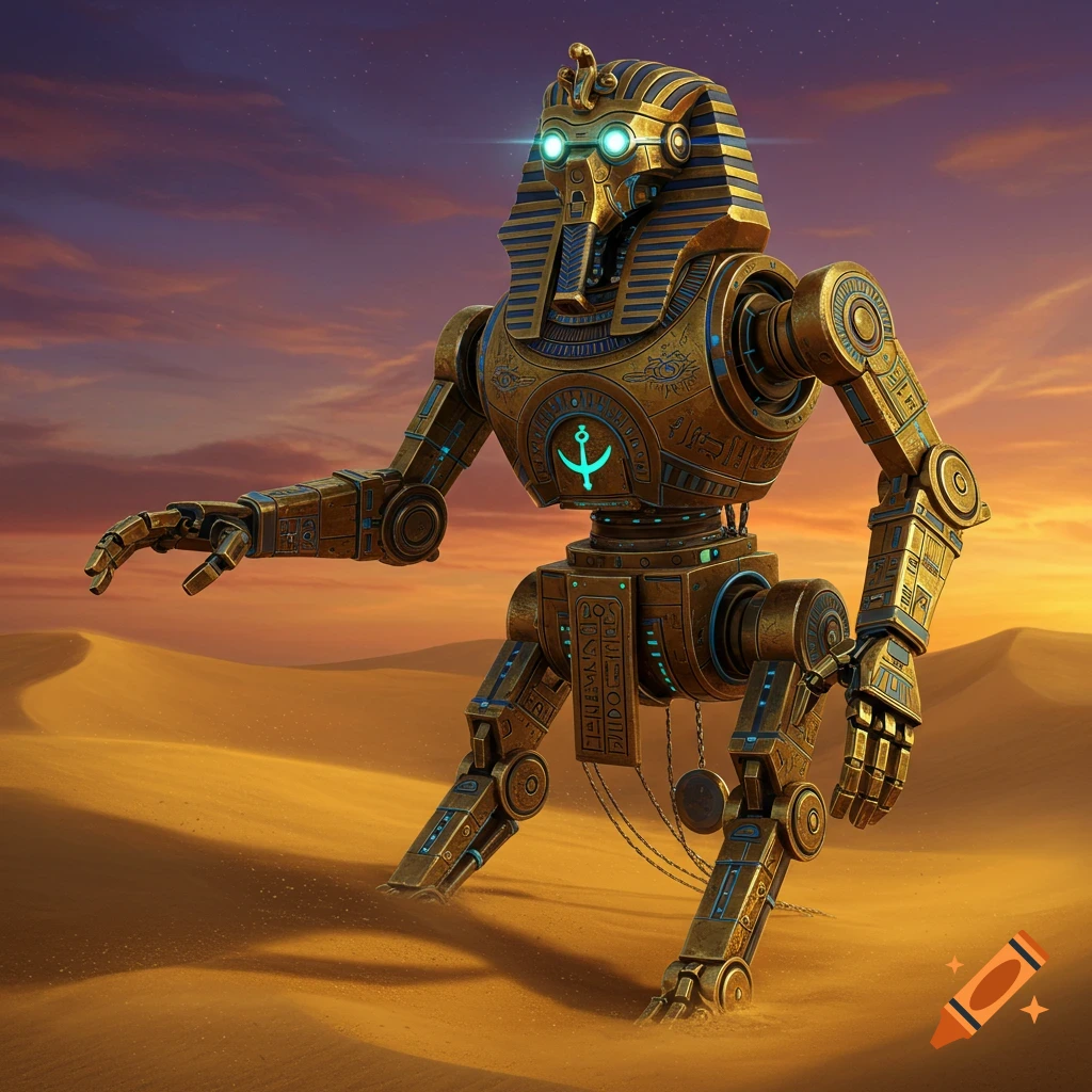 An elaborate golden clockwork robot with an Egyptian pharaoh's headpiece stands in a desert under a dramatic sunset sky. The robot is adorned with teal glowing accents and hieroglyph-like symbols.