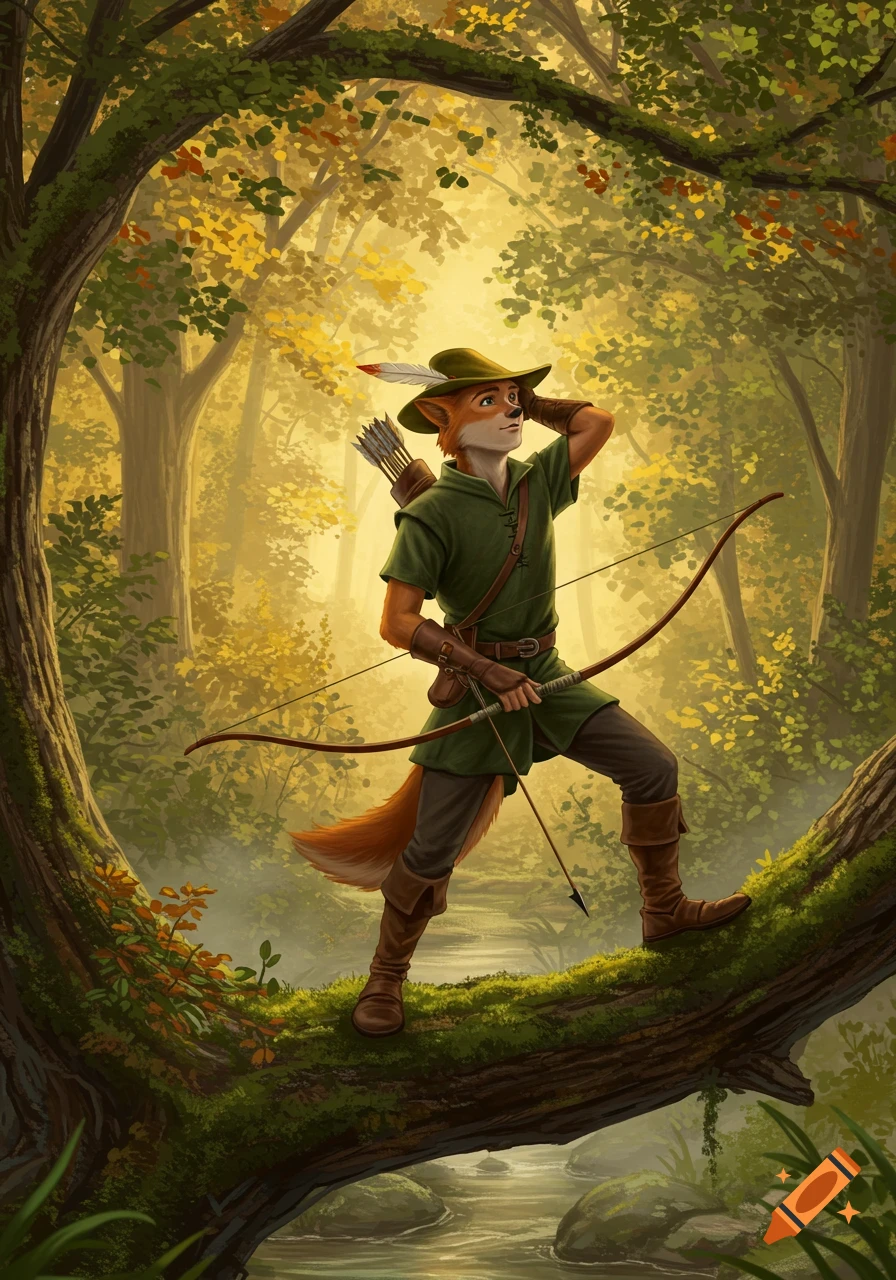 Anthropomorphic fox in Robin Hood attire stands on a mossy tree branch in a sunlit forest, holding a bow and arrow. Illustration.