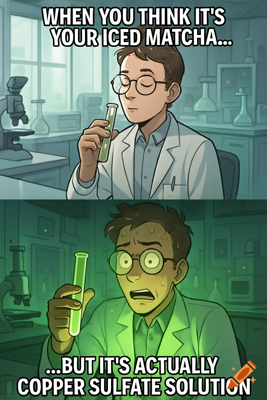Two-panel cartoon meme: a calm scientist sniffs a green test tube (thinking it's matcha), then panics as it glows (realizing it's copper sulfate solution).