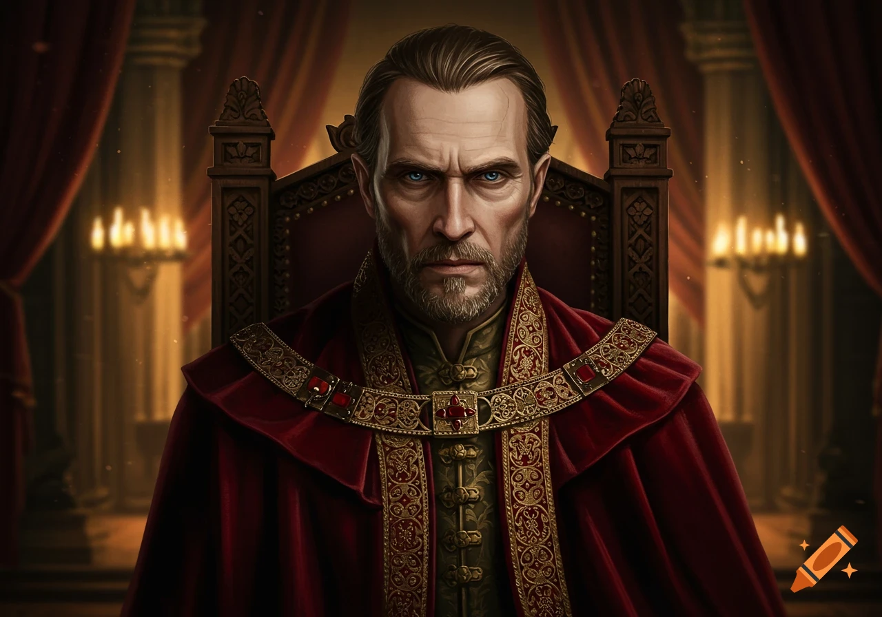 A stern king with dark hair, stubble, and blue eyes, wearing ornate red and gold robes, sits on a dark throne.