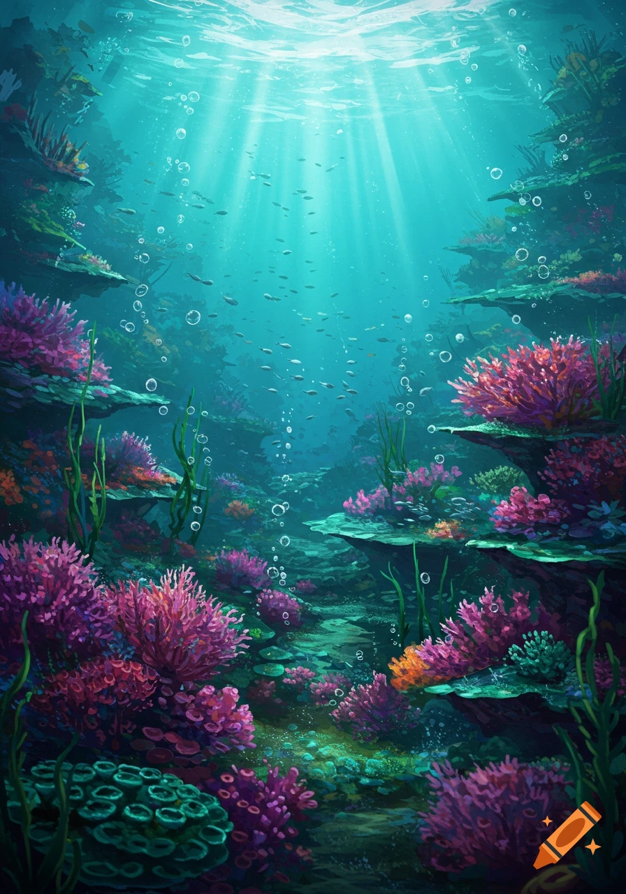 Vibrant underwater coral reef with pink and purple corals, small fish, and sunbeams in turquoise water.