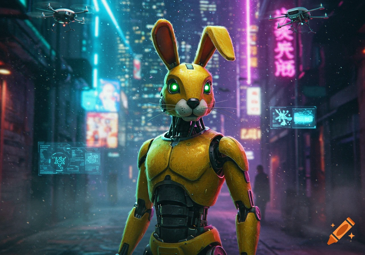 A yellow robot rabbit with glowing green eyes stands in a neon-lit cyberpunk city, with drones flying overhead.