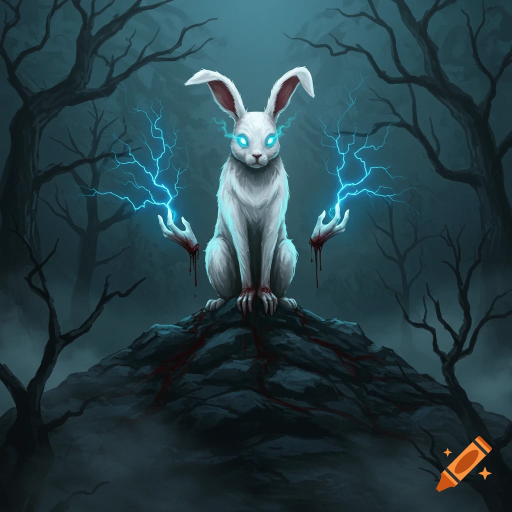 A white rabbit with glowing blue eyes and bloody paws sits on a rock, with severed, floating human hands emitting blue lightning. Dark, gnarled trees in misty background. Digital art style.