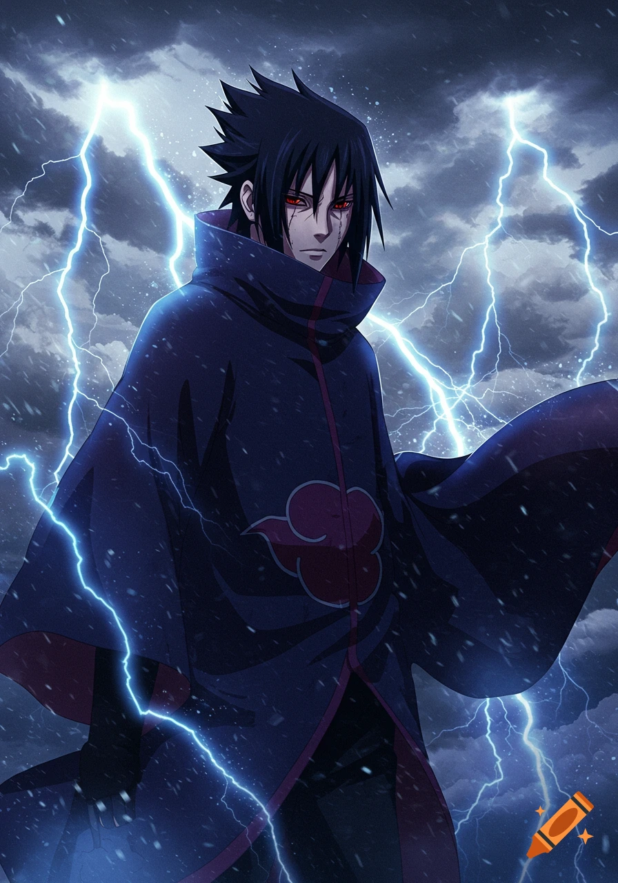 An anime character with black spiky hair and red eyes, wearing a dark blue cloak with a red cloud symbol, stands in a stormy sky with lightning.