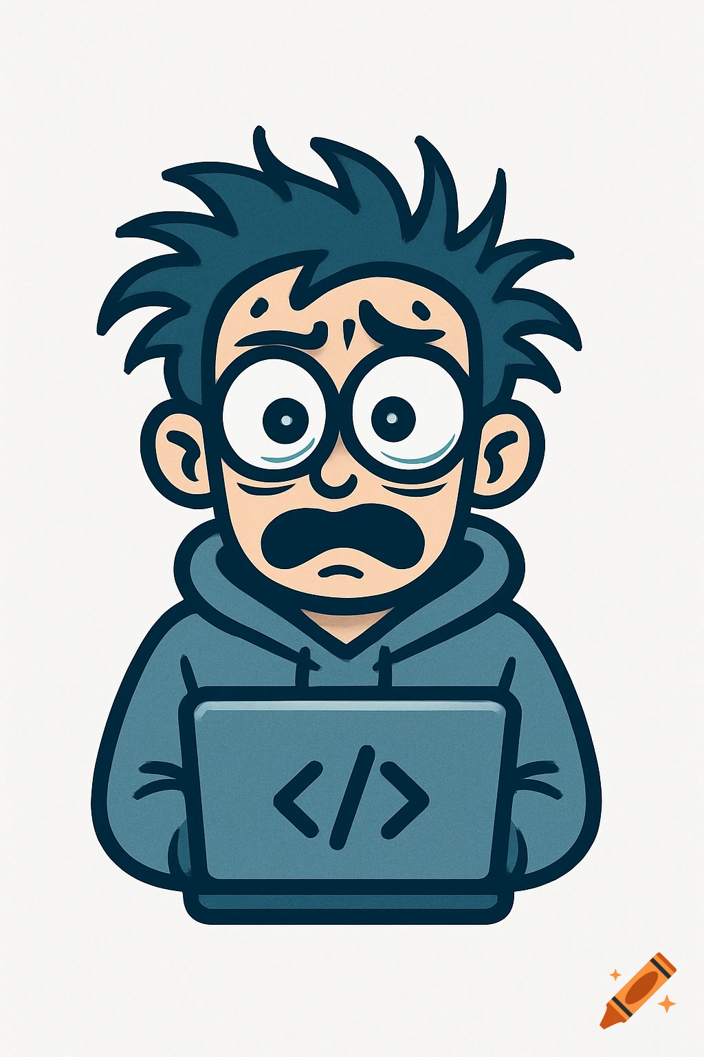 Cartoon logo of a distressed software developer with messy hair, big eyes, and a mustache, working on a laptop with a code symbol.