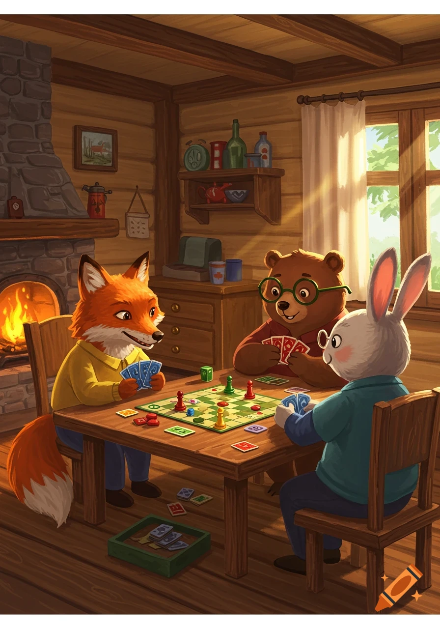 Cartoon fox, bear, and rabbit play cards and a board game in a cozy cabin by a fireplace.