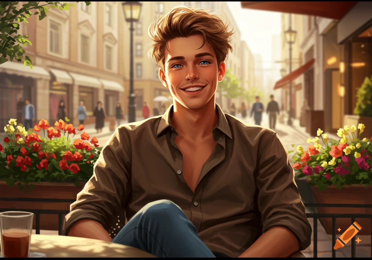 Smiling young man with brown hair and blue eyes at an outdoor cafe in a sunny city street, digital art.