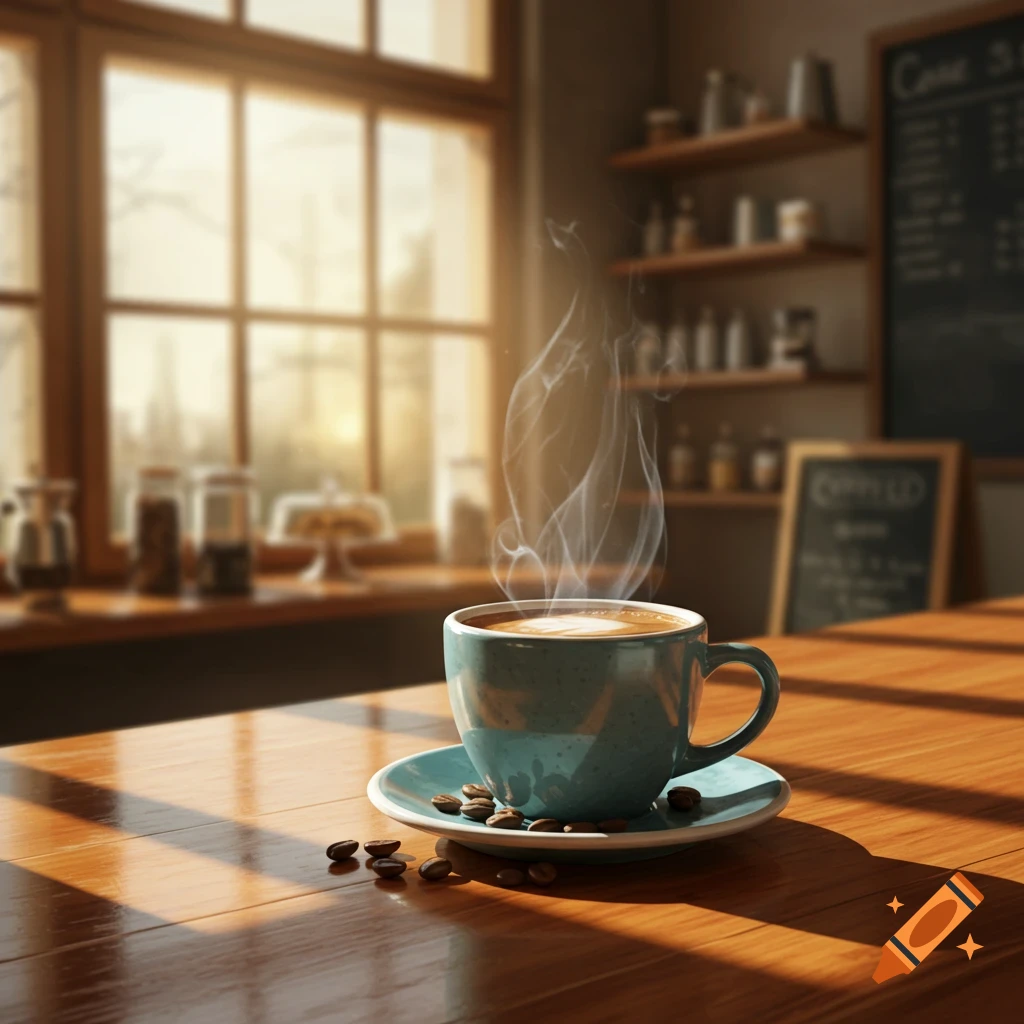 Steaming blue coffee mug and beans on a wooden counter, bathed in sunlight, inside a cozy coffee shop near a window.