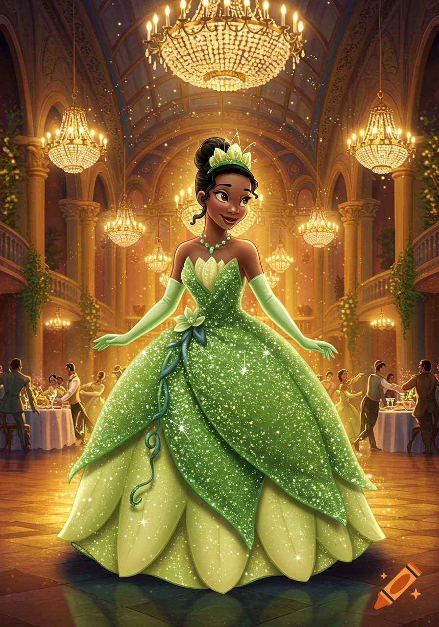 Princess Tiana in a shimmering green ball gown and tiara in a grand, chandelier-lit ballroom with dancing guests.