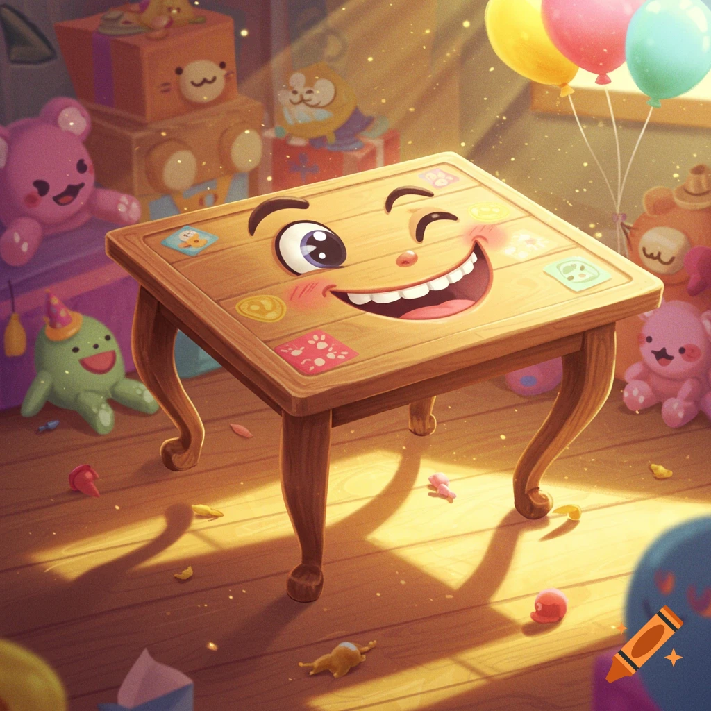 Cheerful, winking cartoon wooden table in a sunny playroom with colorful toys and balloons, whimsical style.