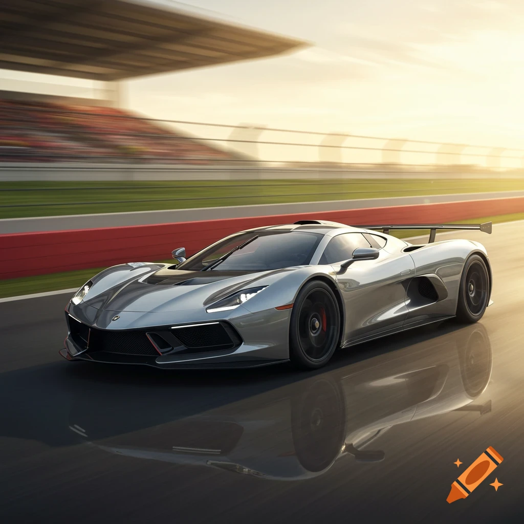 A sleek silver sports car races on a track at sunset, with motion blur effects.