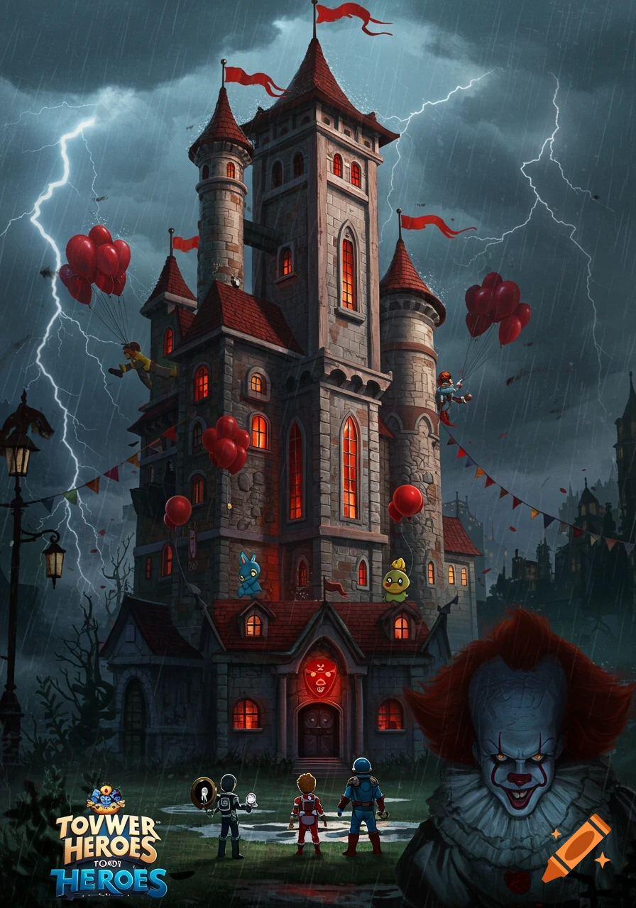 Spooky castle under stormy sky with lightning and rain. Pennywise and game characters stand outside, with red balloons floating around, in a horror-fantasy style.